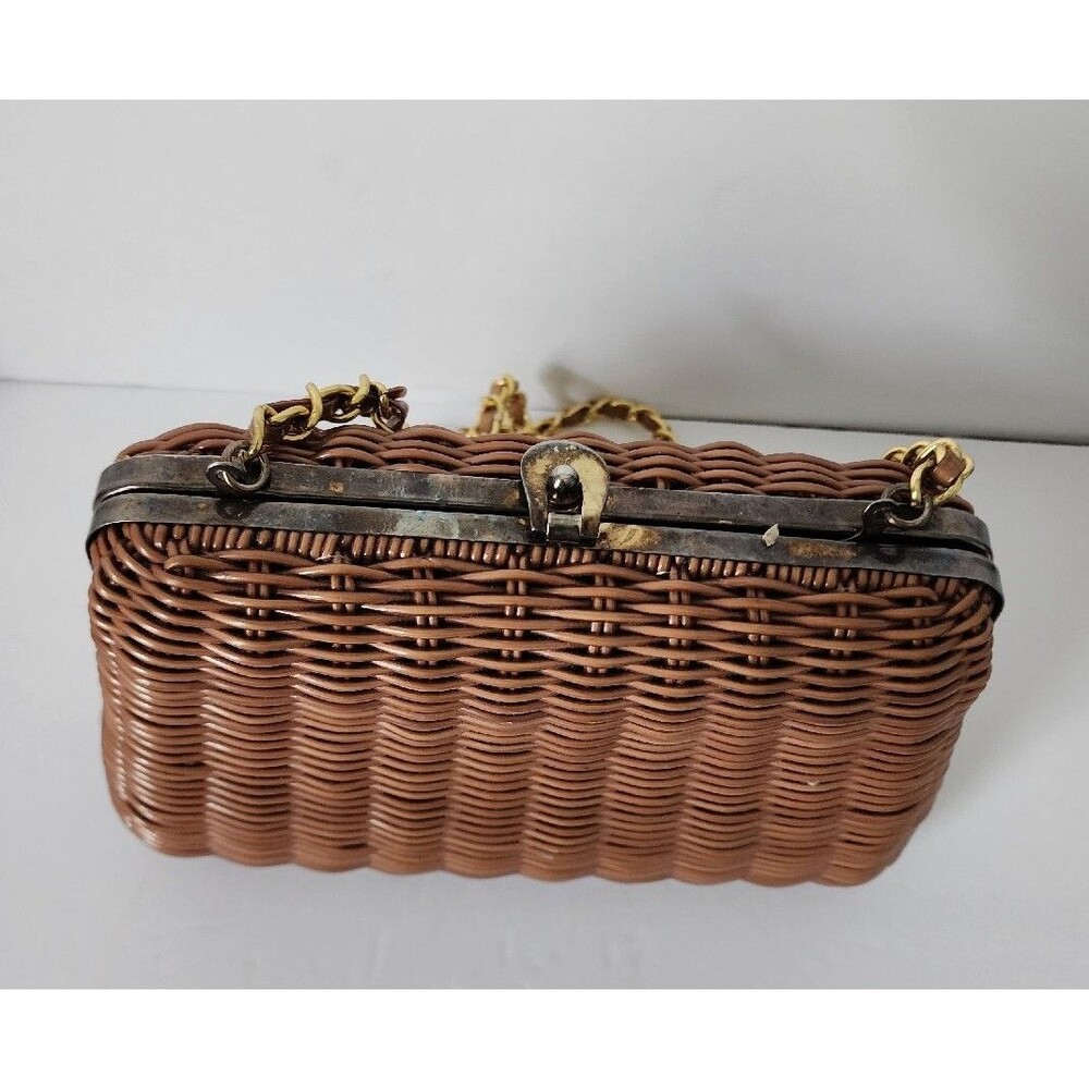 Vintage Tandem Faux Straw Bag Crossbody Purse Chain Strap Brown Gold Retro - Picture 5 of 16